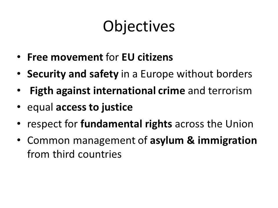 Objectives Free movement for EU citizens Security and safety in a Europe without borders Figth against international crime and terrorism equal access to justice respect for fundamental rights across the Union Common management of asylum & immigration from third countries