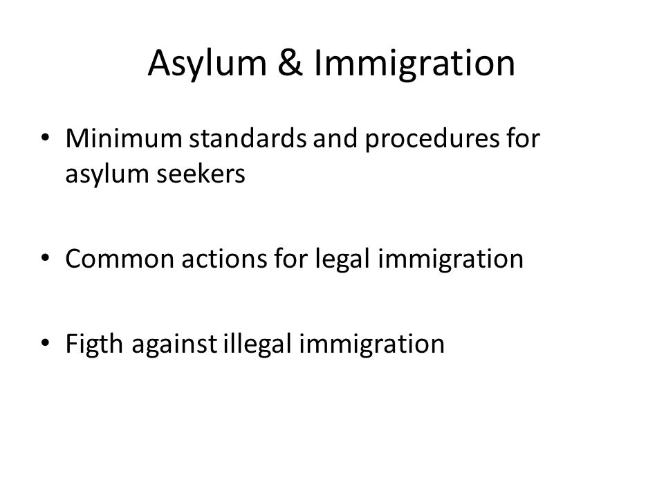 Asylum & Immigration Minimum standards and procedures for asylum seekers Common actions for legal immigration Figth against illegal immigration