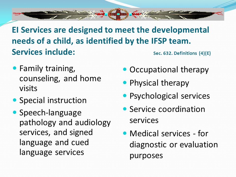 EI Services are designed to meet the developmental needs of a child, as identified by the IFSP team.