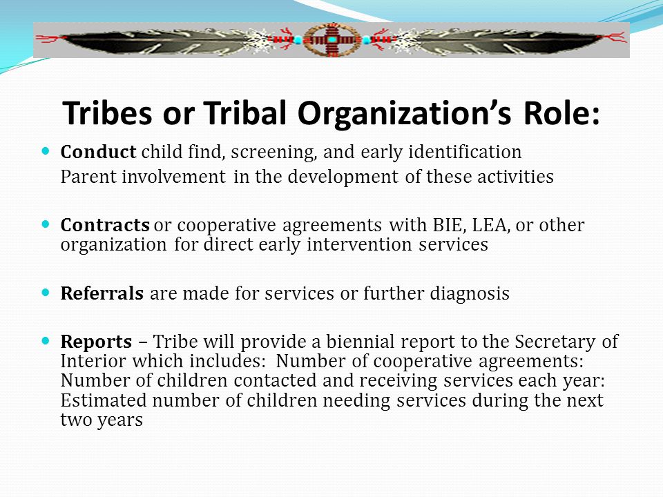 Tribes or Tribal Organization’s Role: Conduct child find, screening, and early identification Parent involvement in the development of these activities Contracts or cooperative agreements with BIE, LEA, or other organization for direct early intervention services Referrals are made for services or further diagnosis Reports – Tribe will provide a biennial report to the Secretary of Interior which includes: Number of cooperative agreements: Number of children contacted and receiving services each year: Estimated number of children needing services during the next two years