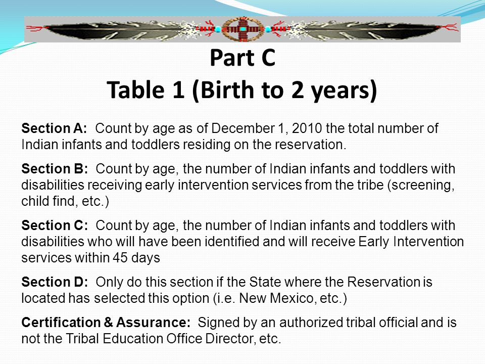 Part C Table 1 (Birth to 2 years) Section A: Count by age as of December 1, 2010 the total number of Indian infants and toddlers residing on the reservation.