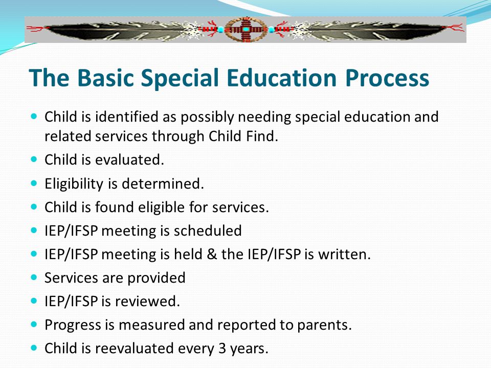 The Basic Special Education Process Child is identified as possibly needing special education and related services through Child Find.
