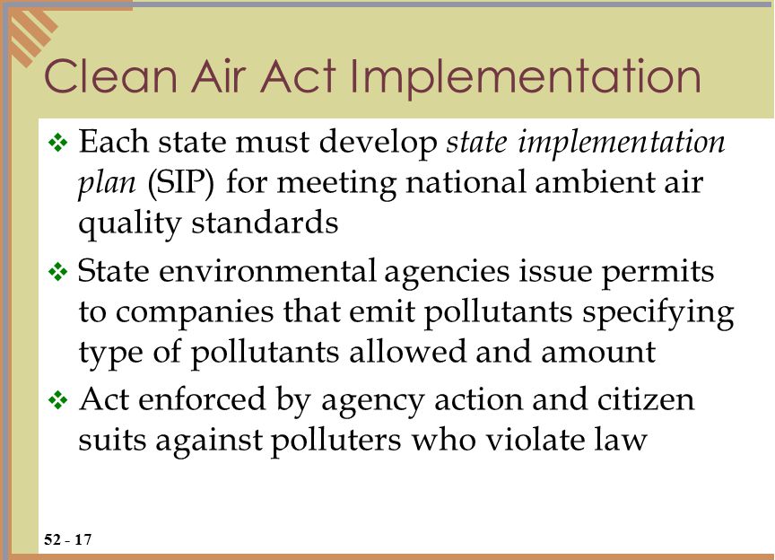  Each state must develop state implementation plan (SIP) for meeting national ambient air quality standards  State environmental agencies issue permits to companies that emit pollutants specifying type of pollutants allowed and amount  Act enforced by agency action and citizen suits against polluters who violate law Clean Air Act Implementation