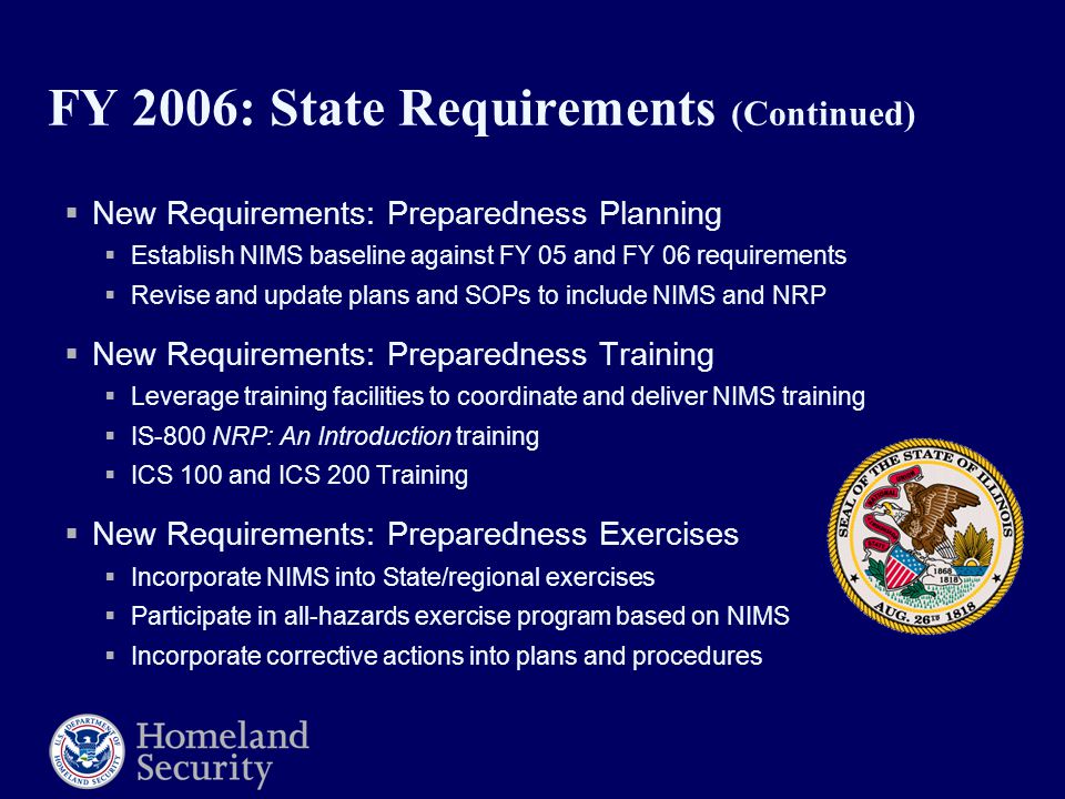 FY 2006: State Requirements (Continued)  New Requirements: Preparedness Planning  Establish NIMS baseline against FY 05 and FY 06 requirements  Revise and update plans and SOPs to include NIMS and NRP  New Requirements: Preparedness Training  Leverage training facilities to coordinate and deliver NIMS training  IS-800 NRP: An Introduction training  ICS 100 and ICS 200 Training  New Requirements: Preparedness Exercises  Incorporate NIMS into State/regional exercises  Participate in all-hazards exercise program based on NIMS  Incorporate corrective actions into plans and procedures