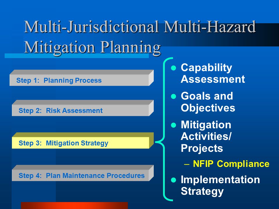 Multi-Jurisdictional Multi-Hazard Mitigation Planning Capability Assessment Goals and Objectives Mitigation Activities/ Projects –NFIP Compliance Implementation Strategy Step 2: Risk Assessment Step 3: Mitigation Strategy Step 4: Plan Maintenance Procedures Step 1: Planning Process