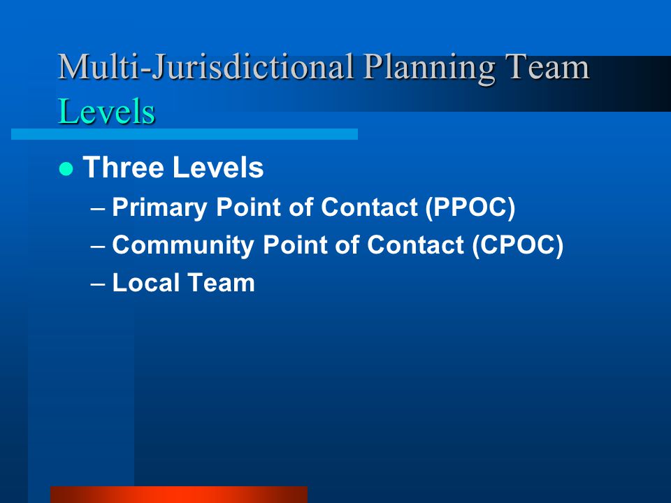 Multi-Jurisdictional Planning Team Levels Three Levels –Primary Point of Contact (PPOC) –Community Point of Contact (CPOC) –Local Team