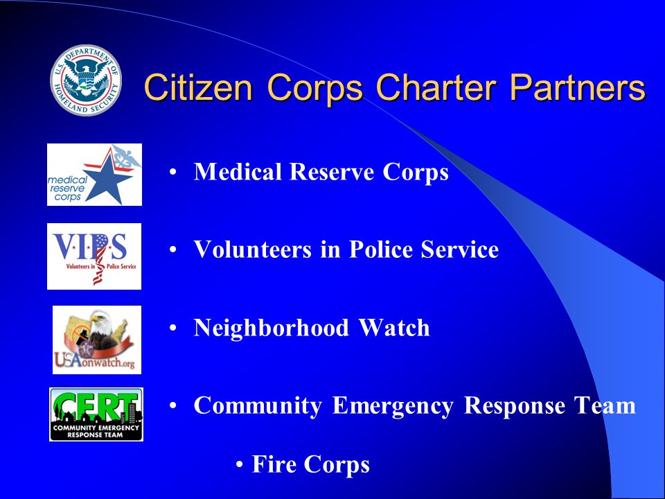 Citizen Corps Charter Partners Citizen Corps Charter Partners Medical Reserve Corps Volunteers in Police Service Neighborhood Watch Community Emergency Response Team Fire Corps