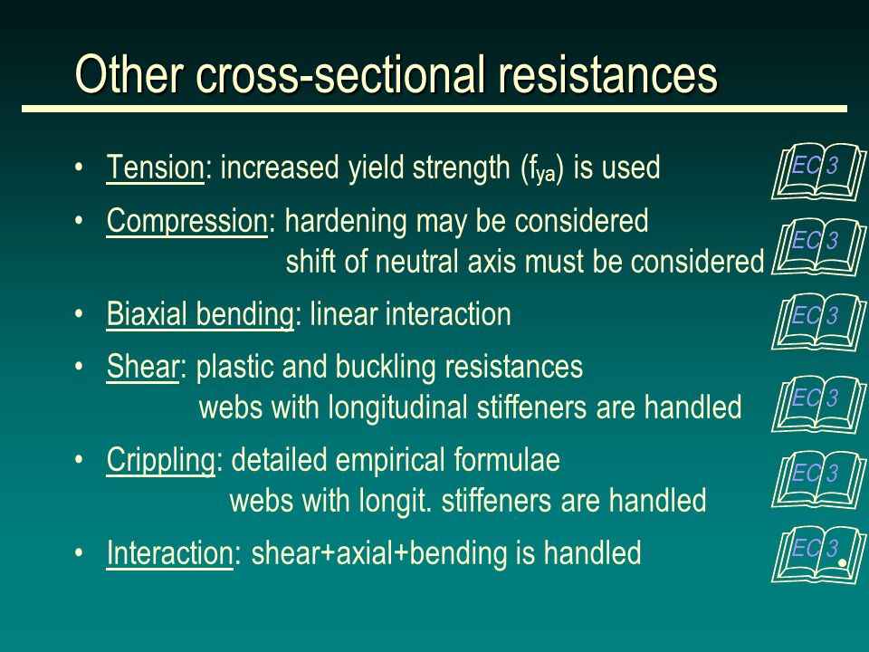 Tension: increased yield strength (f ya ) is used Compression: hardening may be considered shift of neutral axis must be considered Biaxial bending: linear interaction Shear: plastic and buckling resistances webs with longitudinal stiffeners are handled Crippling: detailed empirical formulae webs with longit.