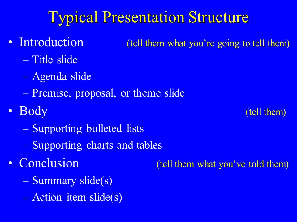 General Guidelines Keep titles short One thought per line Limit lines to 6 words Limit slide to 5 or 6 lines Restrain colors, fonts, and enhancements Source: Harvard Graphics Guide to Effective Presentations, Software Publishing Corporation.