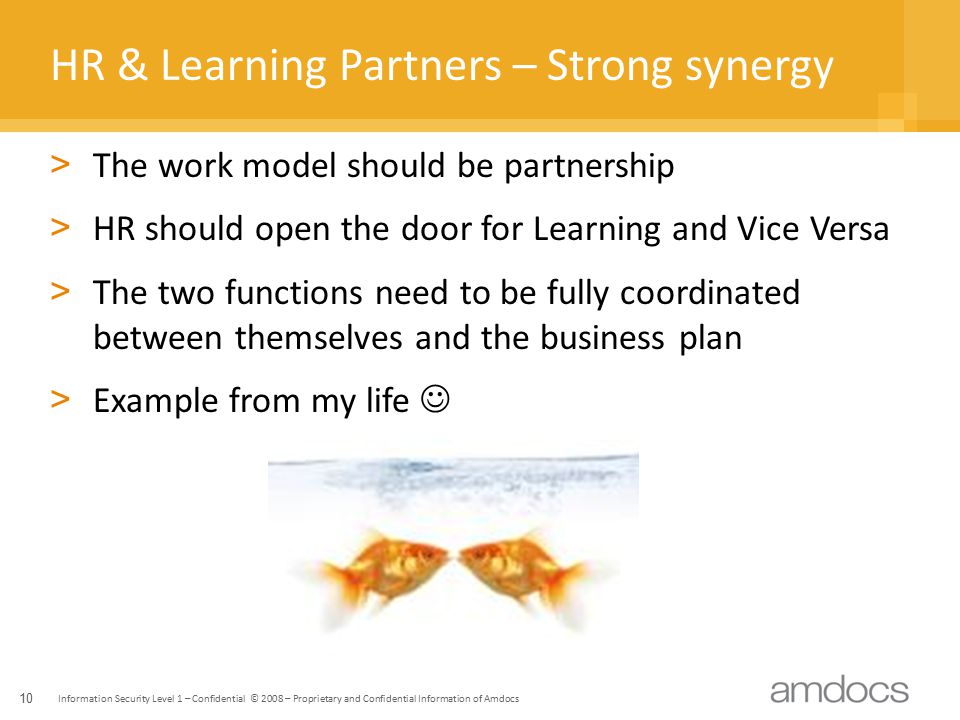 Information Security Level 1 – Confidential © 2008 – Proprietary and Confidential Information of Amdocs 10 HR & Learning Partners – Strong synergy > The work model should be partnership > HR should open the door for Learning and Vice Versa > The two functions need to be fully coordinated between themselves and the business plan > Example from my life