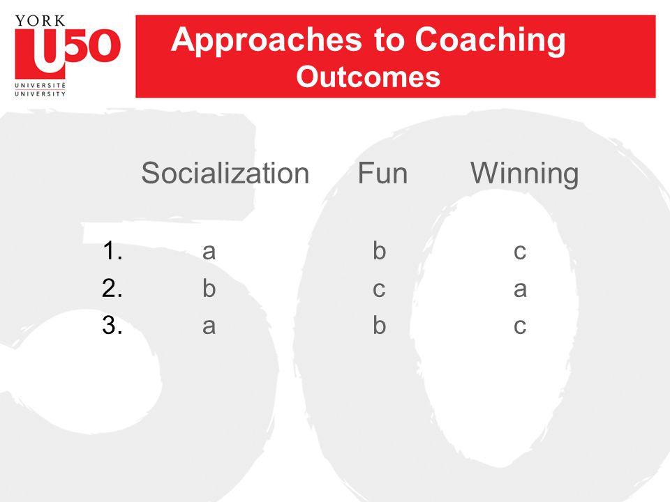 Approaches to Coaching Outcomes Socialization FunWinning 1. a b c 2. b c a 3. a b c