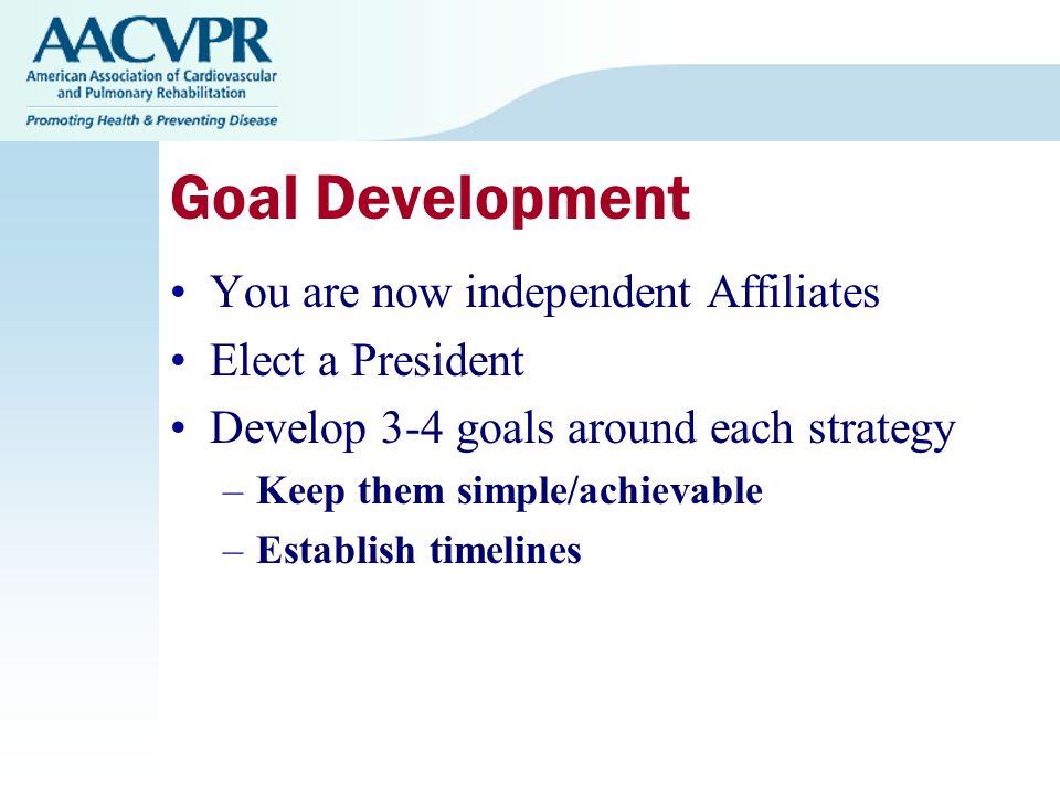 Goal Development You are now independent Affiliates Elect a President Develop 3-4 goals around each strategy –Keep them simple/achievable –Establish timelines