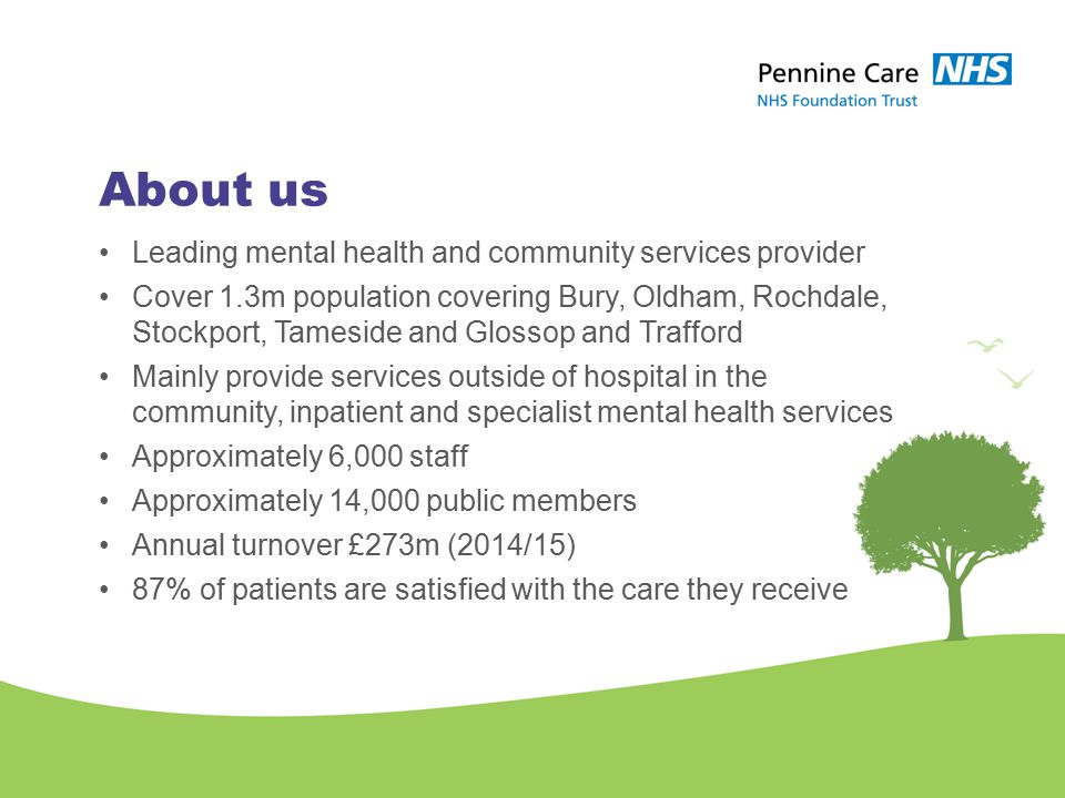 About us Leading mental health and community services provider Cover 1.3m population covering Bury, Oldham, Rochdale, Stockport, Tameside and Glossop and Trafford Mainly provide services outside of hospital in the community, inpatient and specialist mental health services Approximately 6,000 staff Approximately 14,000 public members Annual turnover £273m (2014/15) 87% of patients are satisfied with the care they receive