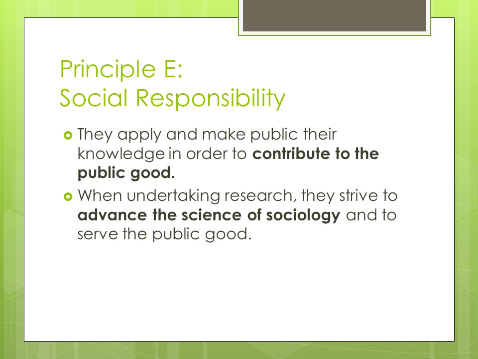 Principle E: Social Responsibility  They apply and make public their knowledge in order to contribute to the public good.