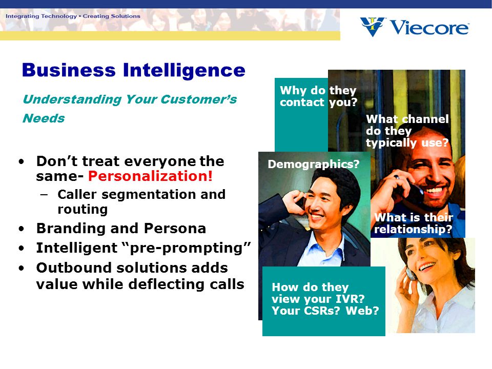 Business Intelligence Understanding Your Customer’s Needs Don’t treat everyone the same- Personalization.