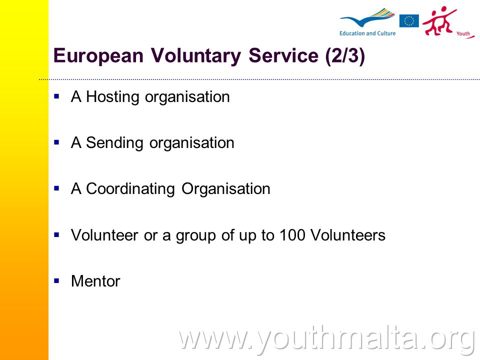 European Voluntary Service (2/3)  A Hosting organisation  A Sending organisation  A Coordinating Organisation  Volunteer or a group of up to 100 Volunteers  Mentor