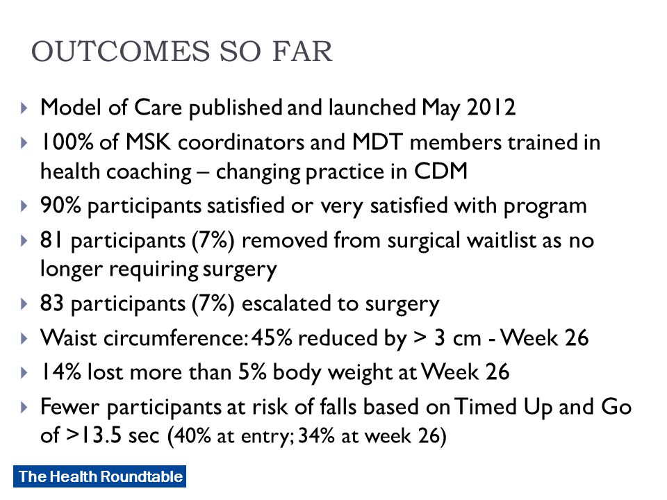 The Health Roundtable OUTCOMES SO FAR  Model of Care published and launched May 2012  100% of MSK coordinators and MDT members trained in health coaching – changing practice in CDM  90% participants satisfied or very satisfied with program  81 participants (7%) removed from surgical waitlist as no longer requiring surgery  83 participants (7%) escalated to surgery  Waist circumference: 45% reduced by > 3 cm - Week 26  14% lost more than 5% body weight at Week 26  Fewer participants at risk of falls based on Timed Up and Go of >13.5 sec ( 40% at entry; 34% at week 26)