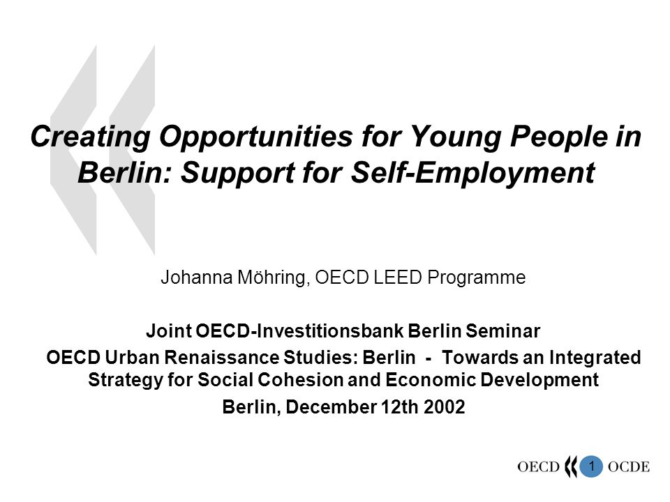 1 Creating Opportunities for Young People in Berlin: Support for Self-Employment Johanna Möhring, OECD LEED Programme Joint OECD-Investitionsbank Berlin Seminar OECD Urban Renaissance Studies: Berlin - Towards an Integrated Strategy for Social Cohesion and Economic Development Berlin, December 12th 2002