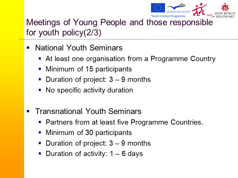 Meetings of Young People and those responsible for youth policy(2/3)  National Youth Seminars  At least one organisation from a Programme Country  Minimum of 15 participants  Duration of project: 3 – 9 months  No specific activity duration  Transnational Youth Seminars  Partners from at least five Programme Countries.