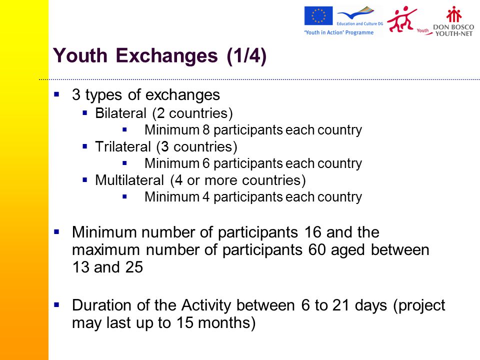 Youth Exchanges (1/4)  3 types of exchanges  Bilateral (2 countries)  Minimum 8 participants each country  Trilateral (3 countries)  Minimum 6 participants each country  Multilateral (4 or more countries)  Minimum 4 participants each country  Minimum number of participants 16 and the maximum number of participants 60 aged between 13 and 25  Duration of the Activity between 6 to 21 days (project may last up to 15 months)