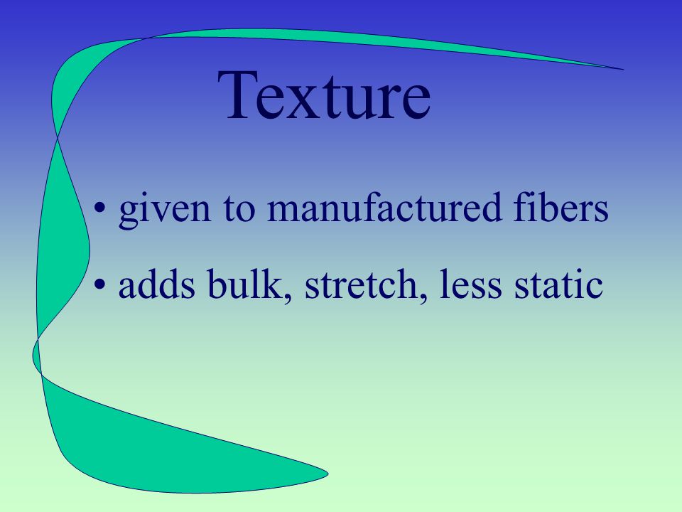 Twist amount varies and increases strength very low twist - just barely holds together low twist - fluffy - weak average twist for short fibers high twist hard and compact