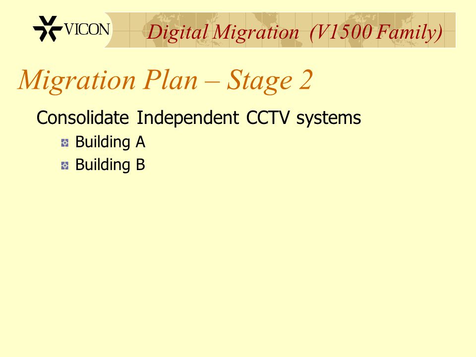 Digital Migration (V1500 Family) Migration Plan – Stage 2 Consolidate Independent CCTV systems Building A Building B