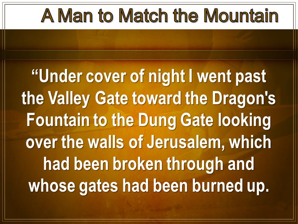 Under cover of night I went past the Valley Gate toward the Dragon s Fountain to the Dung Gate looking over the walls of Jerusalem, which had been broken through and whose gates had been burned up.
