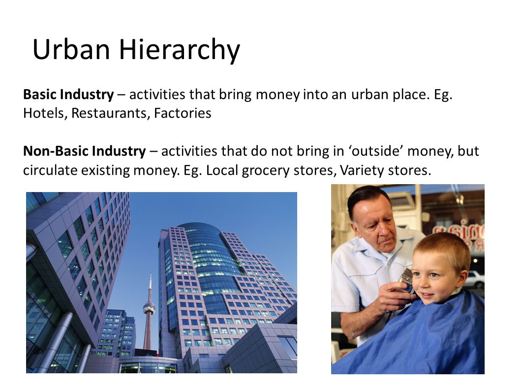 Urban Hierarchy Basic Industry – activities that bring money into an urban place.