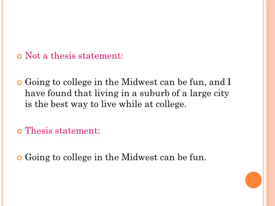 Not a thesis statement: Going to college in the Midwest can be fun, and I have found that living in a suburb of a large city is the best way to live while at college.