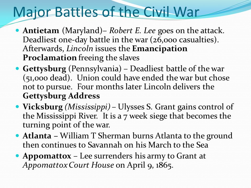 Major Battles Of The Civil War Chart