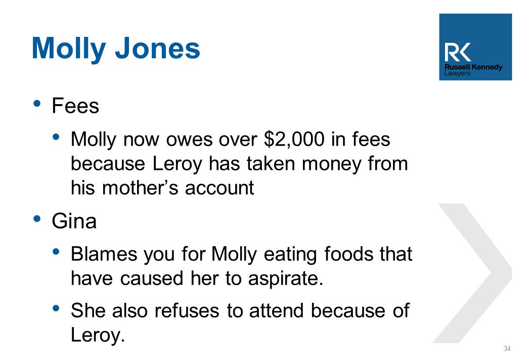 Fees Molly now owes over $2,000 in fees because Leroy has taken money from his mother’s account Gina Blames you for Molly eating foods that have caused her to aspirate.