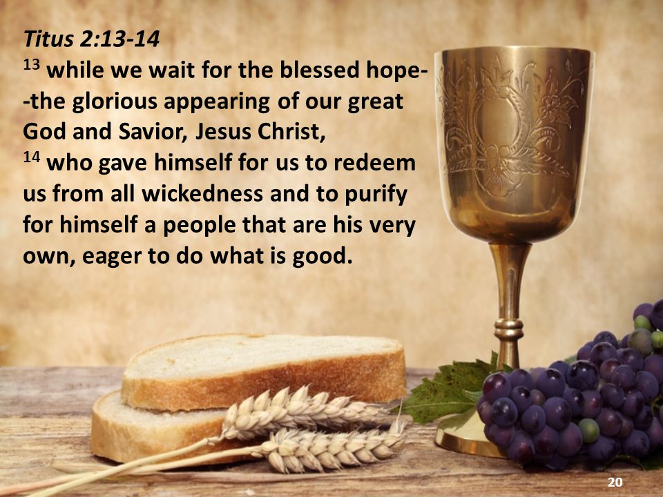 20 Titus 2: while we wait for the blessed hope- -the glorious appearing of our great God and Savior, Jesus Christ, 14 who gave himself for us to redeem us from all wickedness and to purify for himself a people that are his very own, eager to do what is good.