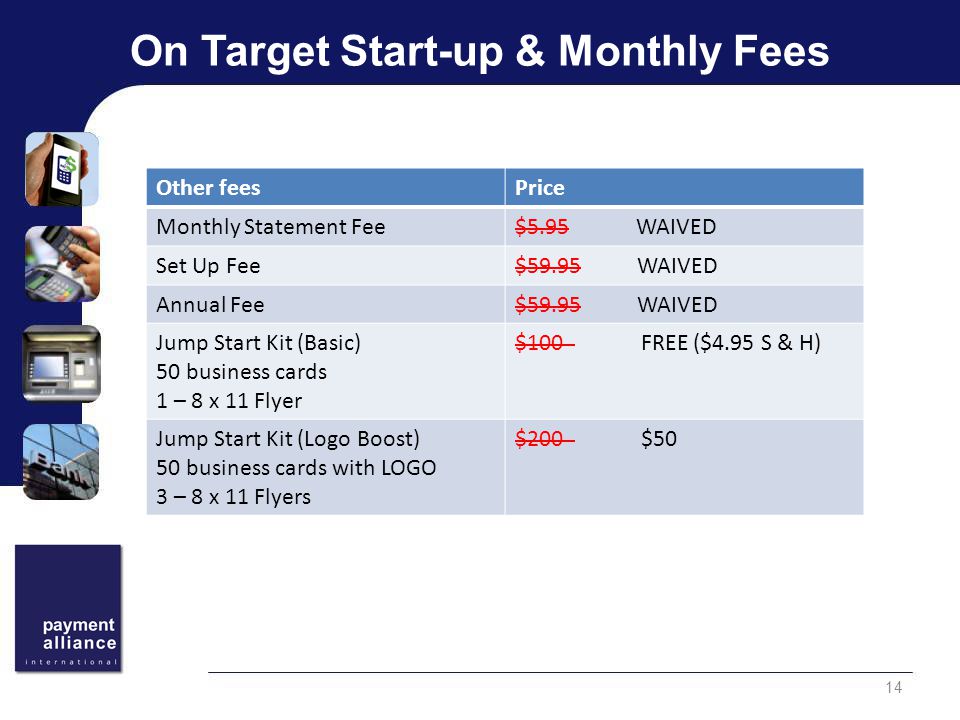 On Target Start-up & Monthly Fees Other feesPrice Monthly Statement Fee$5.95 WAIVED Set Up Fee$59.95 WAIVED Annual Fee$59.95 WAIVED Jump Start Kit (Basic) 50 business cards 1 – 8 x 11 Flyer $100 FREE ($4.95 S & H) Jump Start Kit (Logo Boost) 50 business cards with LOGO 3 – 8 x 11 Flyers $200 $50 14