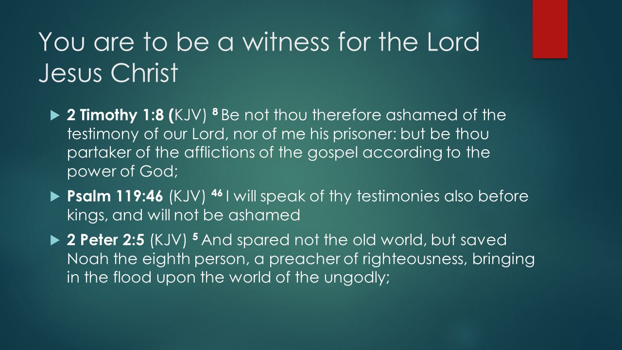 You are to be a witness for the Lord Jesus Christ  2 Timothy 1:8 ( KJV) 8 Be not thou therefore ashamed of the testimony of our Lord, nor of me his prisoner: but be thou partaker of the afflictions of the gospel according to the power of God;  Psalm 119:46 (KJV) 46 I will speak of thy testimonies also before kings, and will not be ashamed  2 Peter 2:5 (KJV) 5 And spared not the old world, but saved Noah the eighth person, a preacher of righteousness, bringing in the flood upon the world of the ungodly;