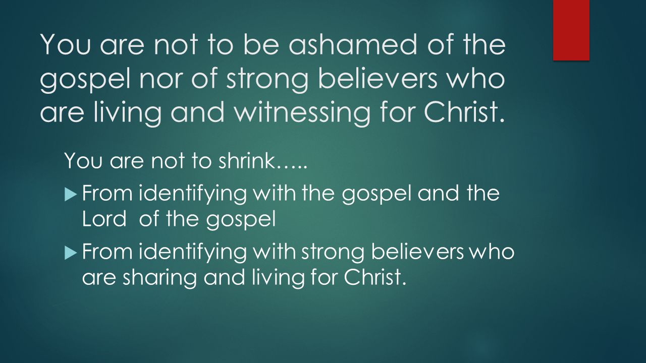 You are not to be ashamed of the gospel nor of strong believers who are living and witnessing for Christ.