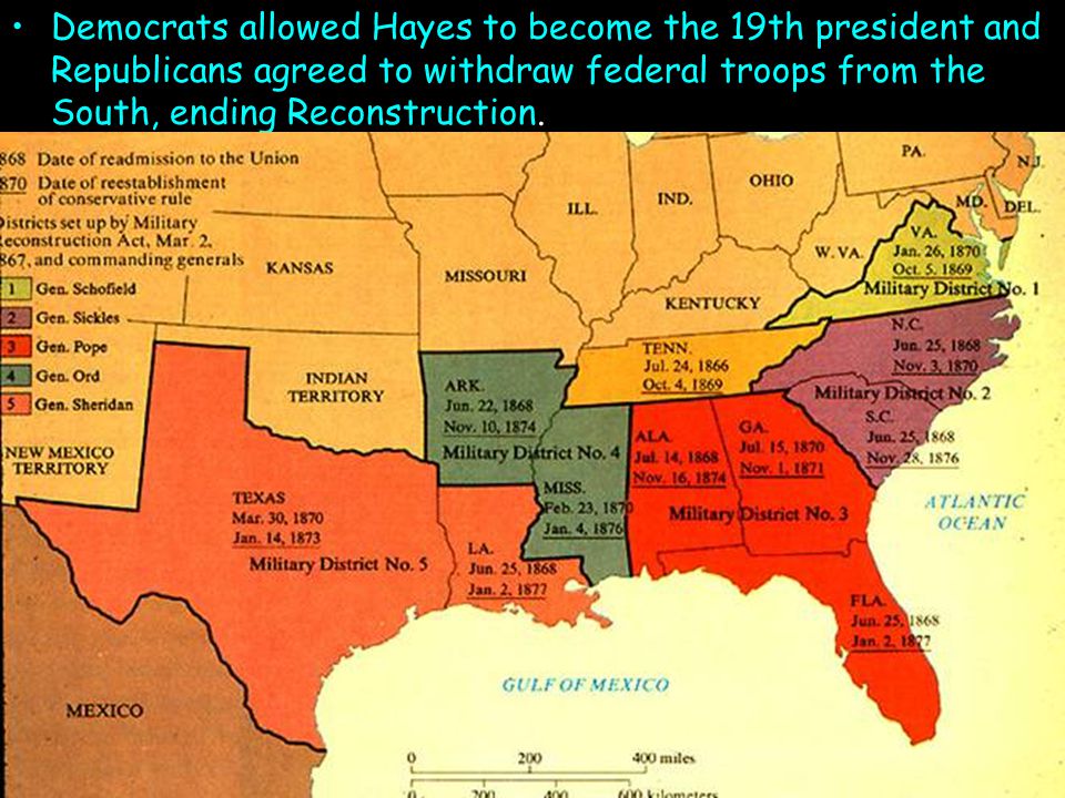 Democrats allowed Hayes to become the 19th president and Republicans agreed to withdraw federal troops from the South, ending Reconstruction.