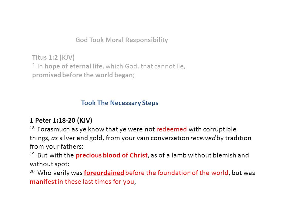 God Took Moral Responsibility Titus 1:2 (KJV) 2 In hope of eternal life, which God, that cannot lie, promised before the world began; Took The Necessary Steps 1 Peter 1:18-20 (KJV) 18 Forasmuch as ye know that ye were not redeemed with corruptible things, as silver and gold, from your vain conversation received by tradition from your fathers; 19 But with the precious blood of Christ, as of a lamb without blemish and without spot: 20 Who verily was foreordained before the foundation of the world, but was manifest in these last times for you,