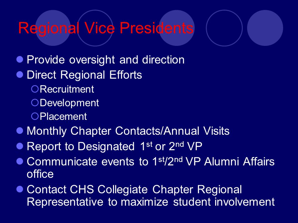 Regional Vice Presidents Provide oversight and direction Direct Regional Efforts  Recruitment  Development  Placement Monthly Chapter Contacts/Annual Visits Report to Designated 1 st or 2 nd VP Communicate events to 1 st /2 nd VP Alumni Affairs office Contact CHS Collegiate Chapter Regional Representative to maximize student involvement