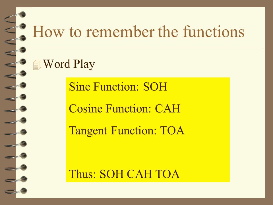 How to remember the functions 4 Word Play Sine Function: SOH Cosine Function: CAH Tangent Function: TOA Thus: SOH CAH TOA