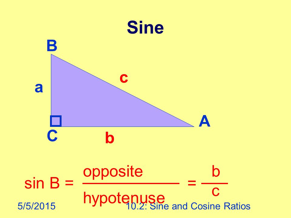 5/5/ : Sine and Cosine Ratios Sine A B C sin B = opposite hypotenuse = b c a b c