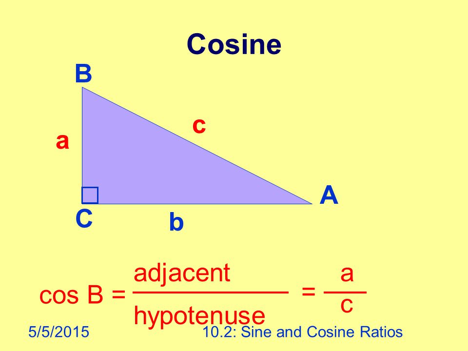 5/5/ : Sine and Cosine Ratios Cosine cos B = adjacent hypotenuse = a c A B C a b c