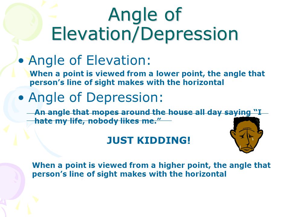 Angle of Elevation/Depression Angle of Elevation: Angle of Depression: When a point is viewed from a lower point, the angle that person’s line of sight makes with the horizontal An angle that mopes around the house all day saying I hate my life, nobody likes me. JUST KIDDING.