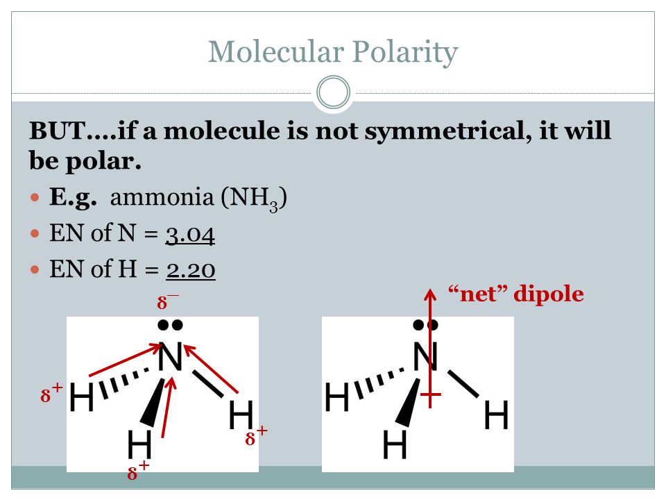 Molecular Polarity BUT….if a molecule is not symmetrical, it will be polar.