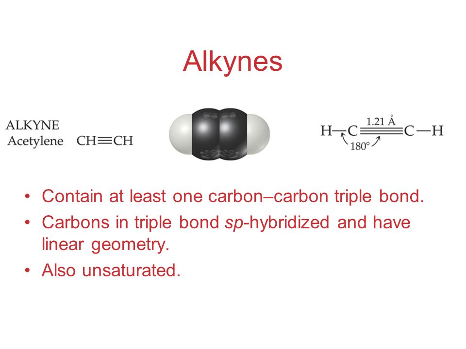 Alkynes Contain at least one carbon–carbon triple bond.