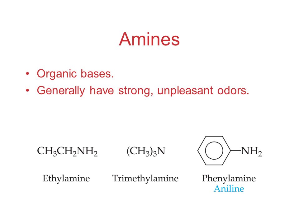 Amines Organic bases. Generally have strong, unpleasant odors.