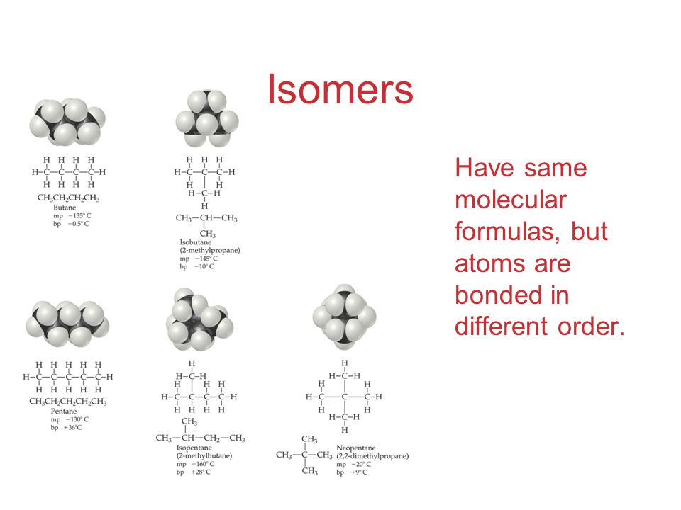 Isomers Have same molecular formulas, but atoms are bonded in different order.