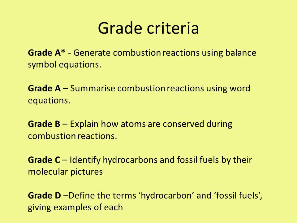 Grade criteria Grade A* - Generate combustion reactions using balance symbol equations.