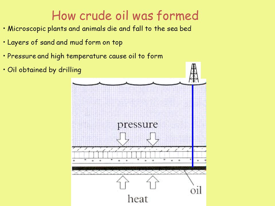Microscopic plants and animals die and fall to the sea bed Layers of sand and mud form on top Pressure and high temperature cause oil to form How crude oil was formed Oil obtained by drilling
