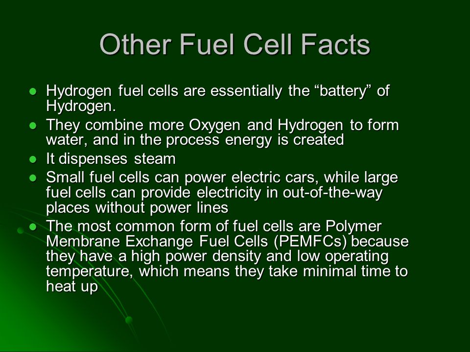 The Process of Fuel Cells 1) Pressurized hydrogen gas enters the fuel cell on the anode side.