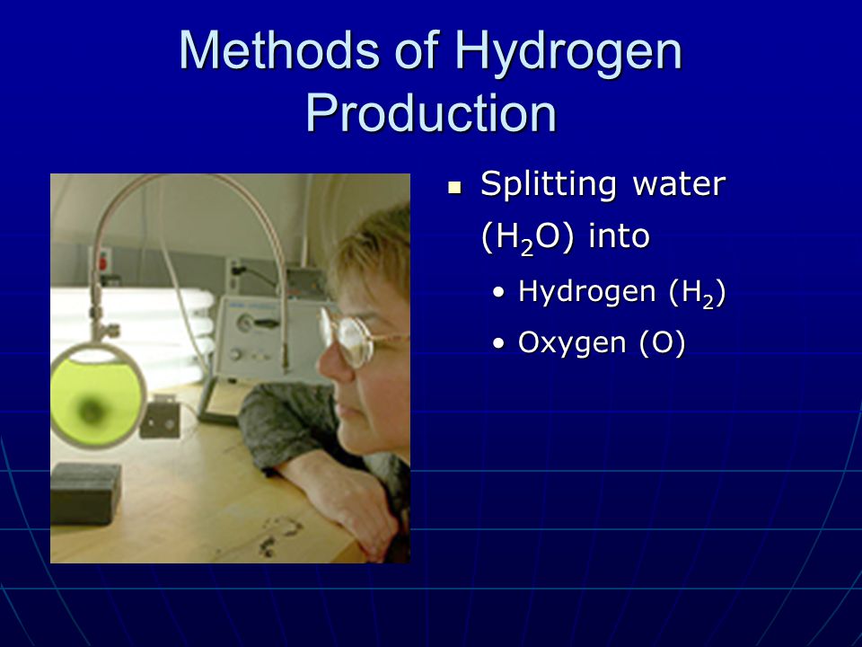 Methods of Hydrogen Production Splitting water (H 2 O) into Splitting water (H 2 O) into Hydrogen (H 2 ) Oxygen (O)